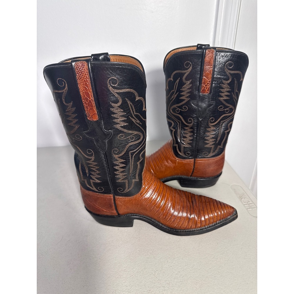 LUCCHESE 1883 size 6 1/2 B women boots Teju Lizard skin cognac black leather.